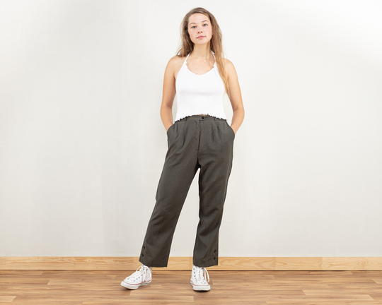 Green Linen Blend Pants Women Vintage 90S Smart Casual Pants Green Trousers Mid Waisted Classic Clothing Size Large
