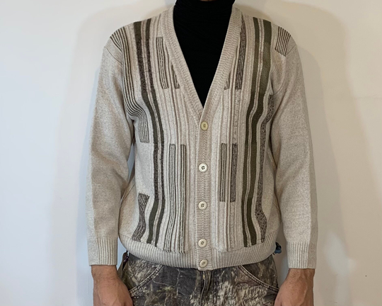 Vintage 80's Cotton Blend Beige Grey Brown Pattern Knitted V Neck Oversized Cardigan Size M Men