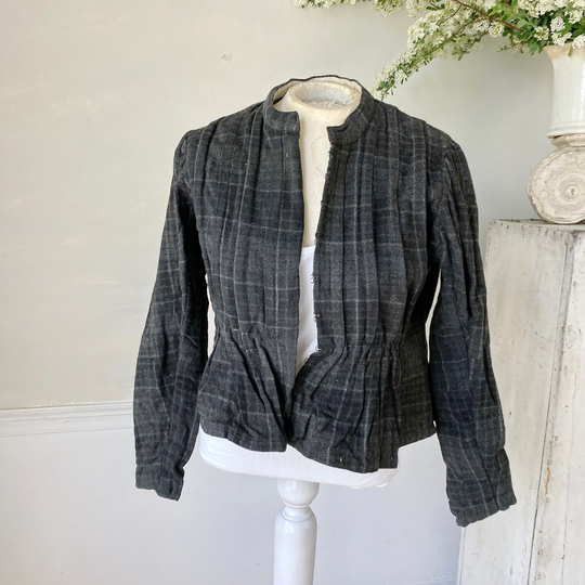 Wool Flannel Blend 1880-1890 Plaid Bodice French Antique Clothing Workwear Work Wear Black