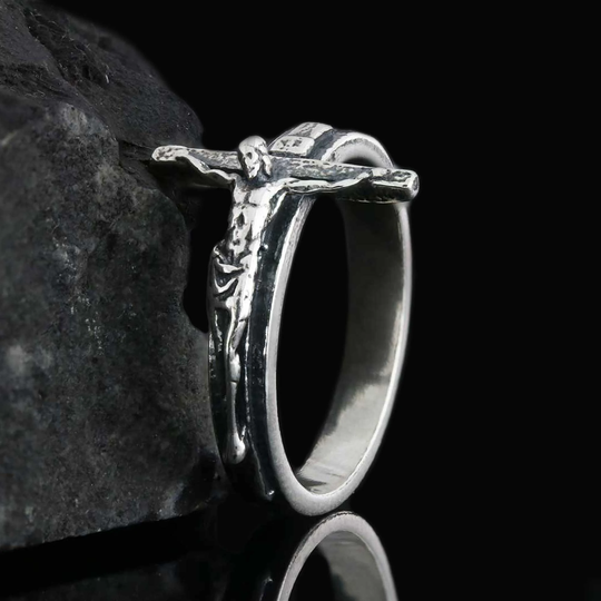 Crucified Jesus Ring, Crucifix Christ Statment Handmade Christian Silver Religious Gold Plated Catholic Ring