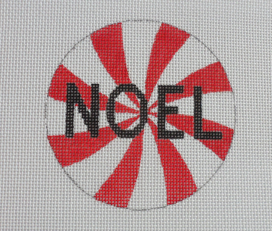 Handpainted Needlepoint Canvas, Noel Red Peppermint Swirl Ornament, 18M