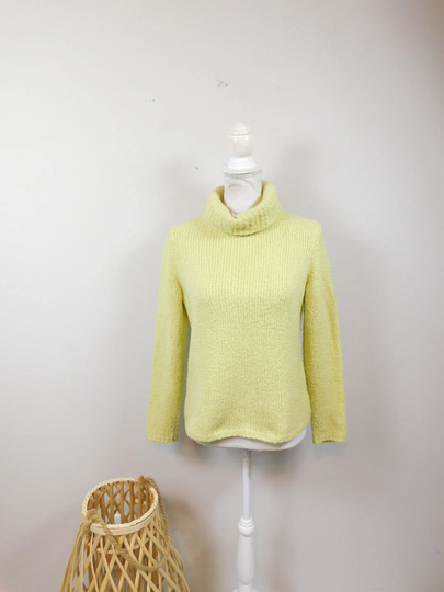 Vintage Talbots Lime Green Rabbit Hair Blend Stretch Ribbed Braided Turtleneck Long Sleeve Shirt Sweater Medium Petites