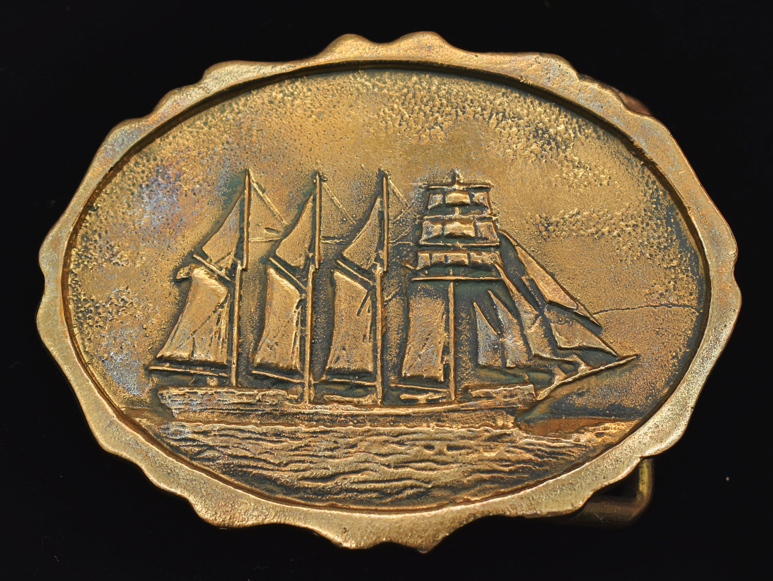 1970S Clipper Schooner Solid Bronze Sailing Sailor Ship Merchant Vessel Privateer Vintage Belt Buckle - Rams Horn