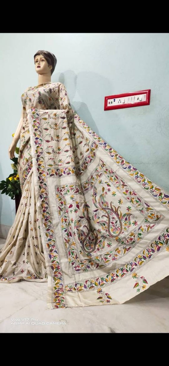Hand Kantha Stich Over Blended Bangalore Silk & Running Blouse Piece