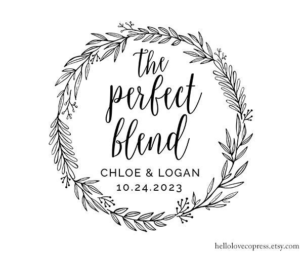 The Perfect Blend Stamp, Coffee Wedding Favor Self Inking Or Wood Custom Personalized Greenery Wreath
