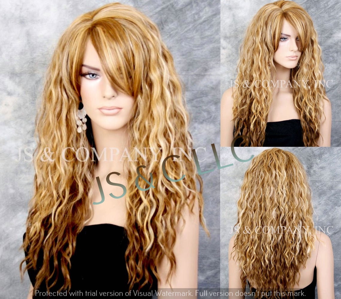 Blonde Light Brown Mix Human Hair Blend Wig W. Water Waves Full Bangs Off Center Parting Perfect Wig Cancer Alopecia Theater Cosplay Drag