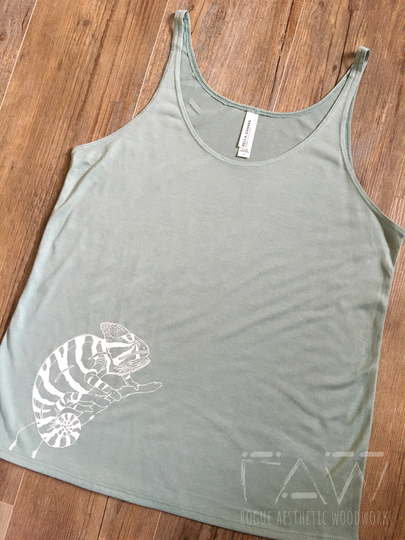 Chameleon Printed Women's Slouchy Tank Top, Dusty Blue Or Black Aries Soft Flowy Tank, Screen Bella+Canvas Top