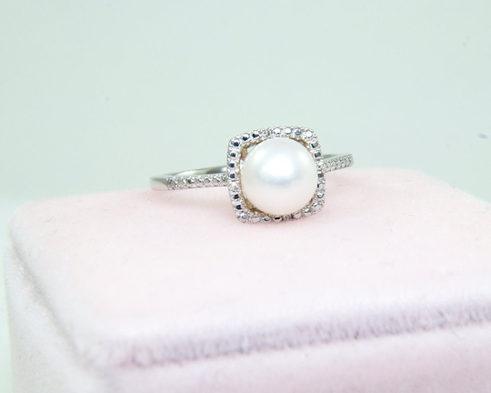 June Birthstone Ring, Pearl Sterling Silver Cushion Halo