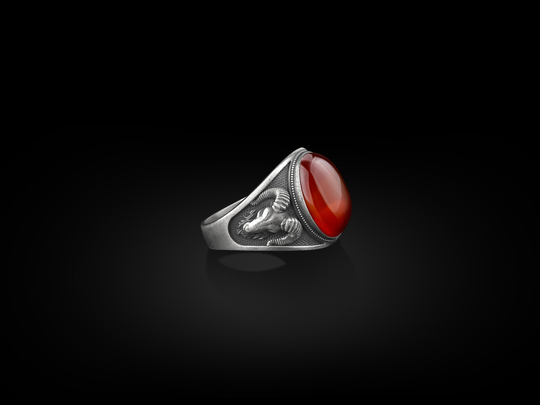 Ram Head Signet Silver Men's Ring, Carnelian Man Aries Oxidized Men Jewelry, Husband Gift Ring