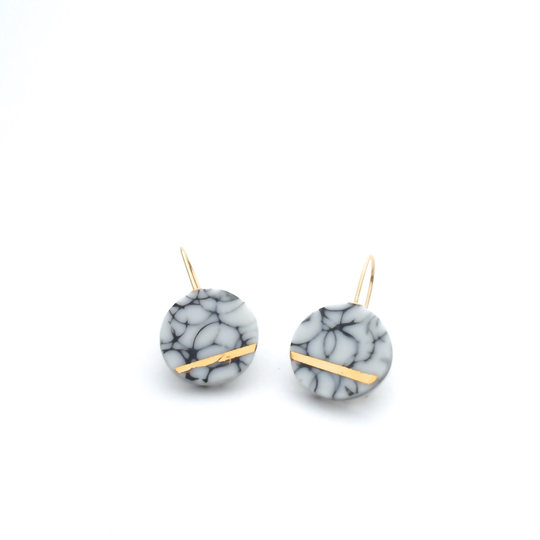 Black & White Marble Earrings, Porcelain Jewelry, Ceramic Dangle Marble Minimalist Gold 18K Solid