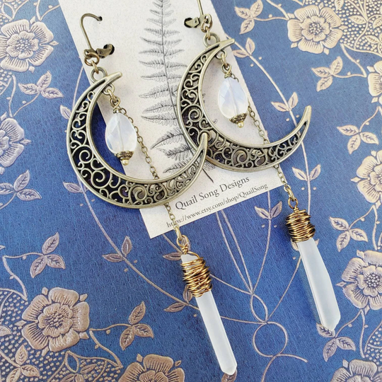 Raw Quartz Crystal & Opalite Earrings, Crescent Moon Natural Stone, Bridesmaid, Western Hippie Boho Witchy Festival Jewelry, Gift For Wife