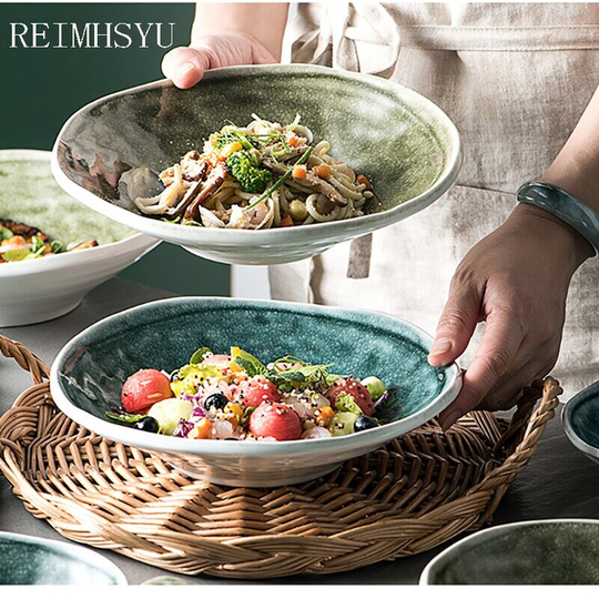 1Pc Japanese Style Ceramic Noodle Rice Vegetable Soup, Western Food Salad Shallow Large Dinner Bowl, Home Kitchen Supplies