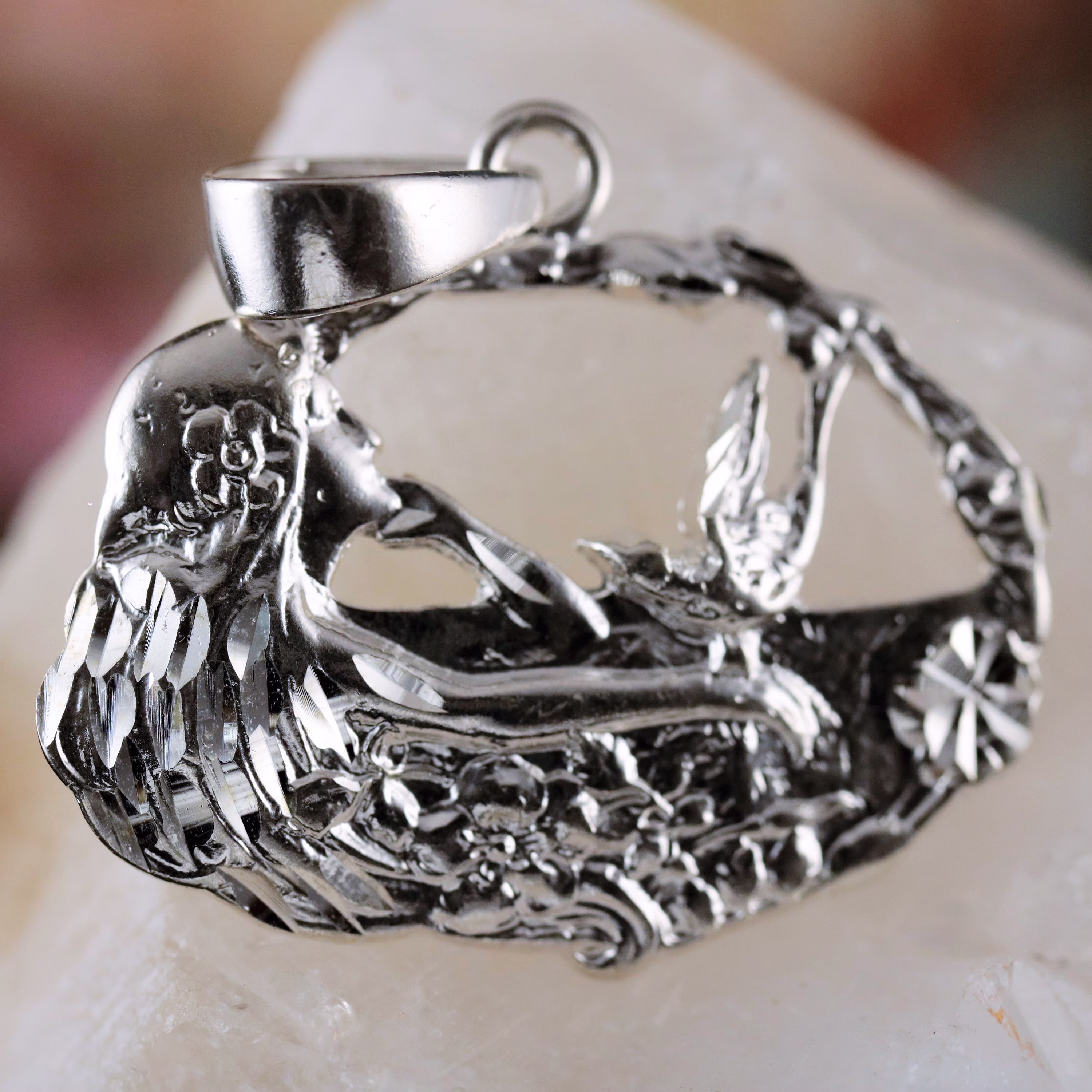 sterling Art Nouveau Pendant Of Girl & Bird in Flower Frame Gift For Her. .925 Silver High Polish Diamond Cut Necklace Fast Free Shipping