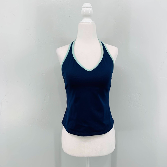 Vtg 90S Cherokee Dark Blue Aqua Halter Style Built-In-Bra Swim Tankini Top