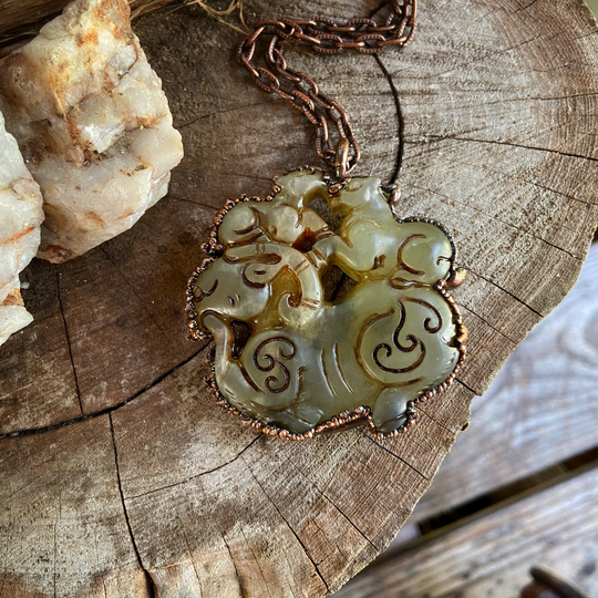 Copper & Carved Jade Mother Goat With Babies