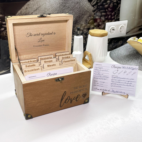 Personalized Recipe Box Engraved Family Recipe & Dividers Cards Housewarming Gift 5Th Anniversary Mothers Day Gift
