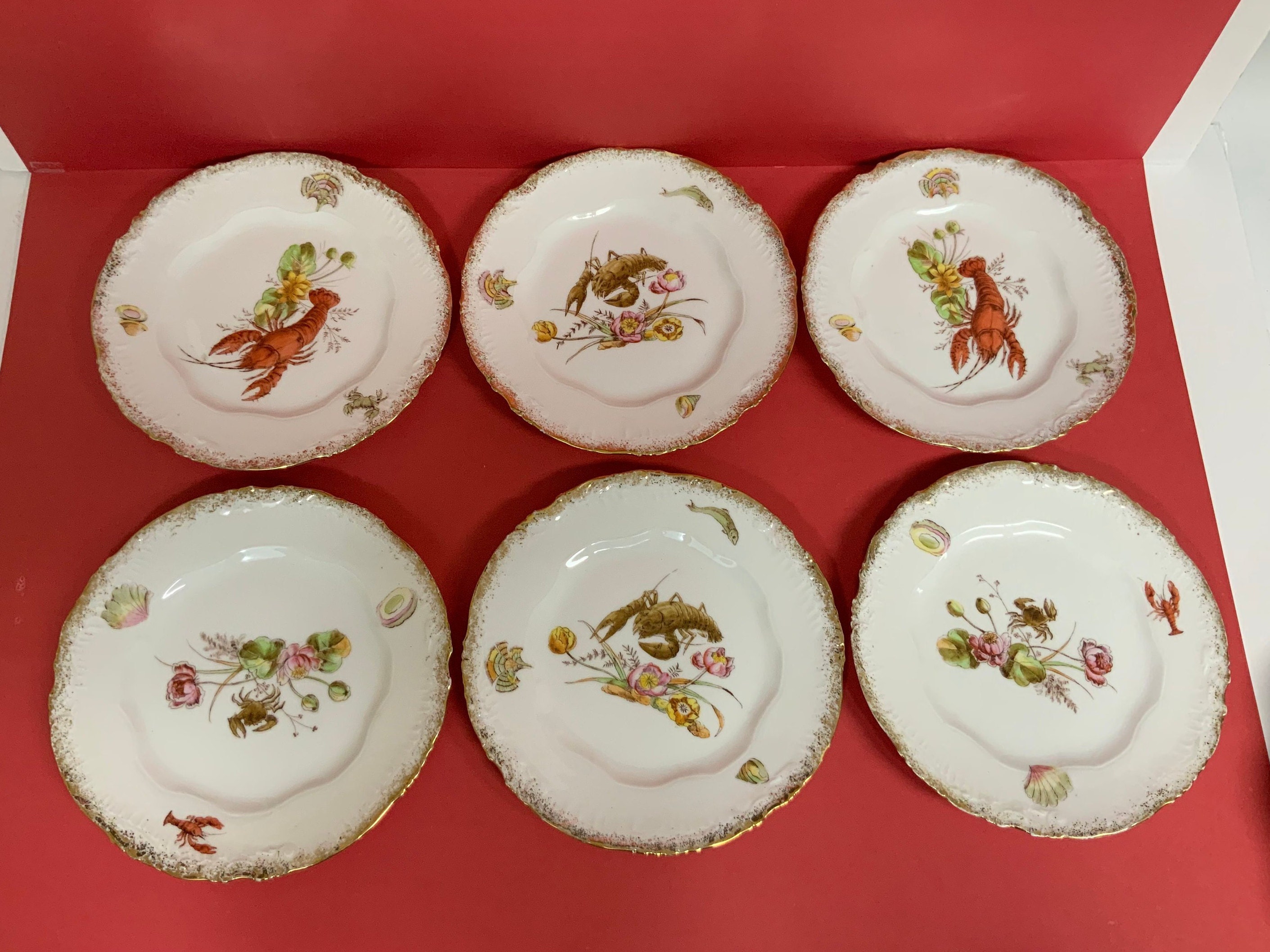 Set Of 6 Porcelain Seafood Themed Plates With Gilt Edges