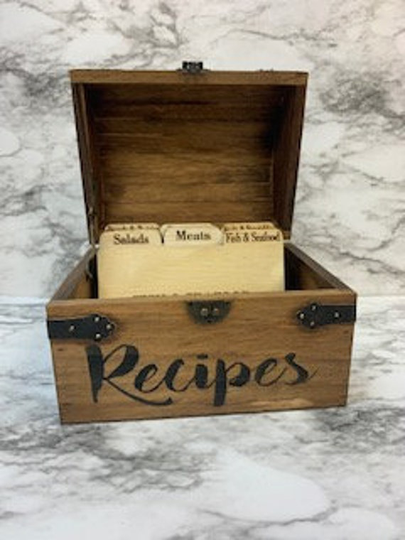 Recipe Card Box With Wooden Cards - Dividers Wood Box Rustic Kitchen