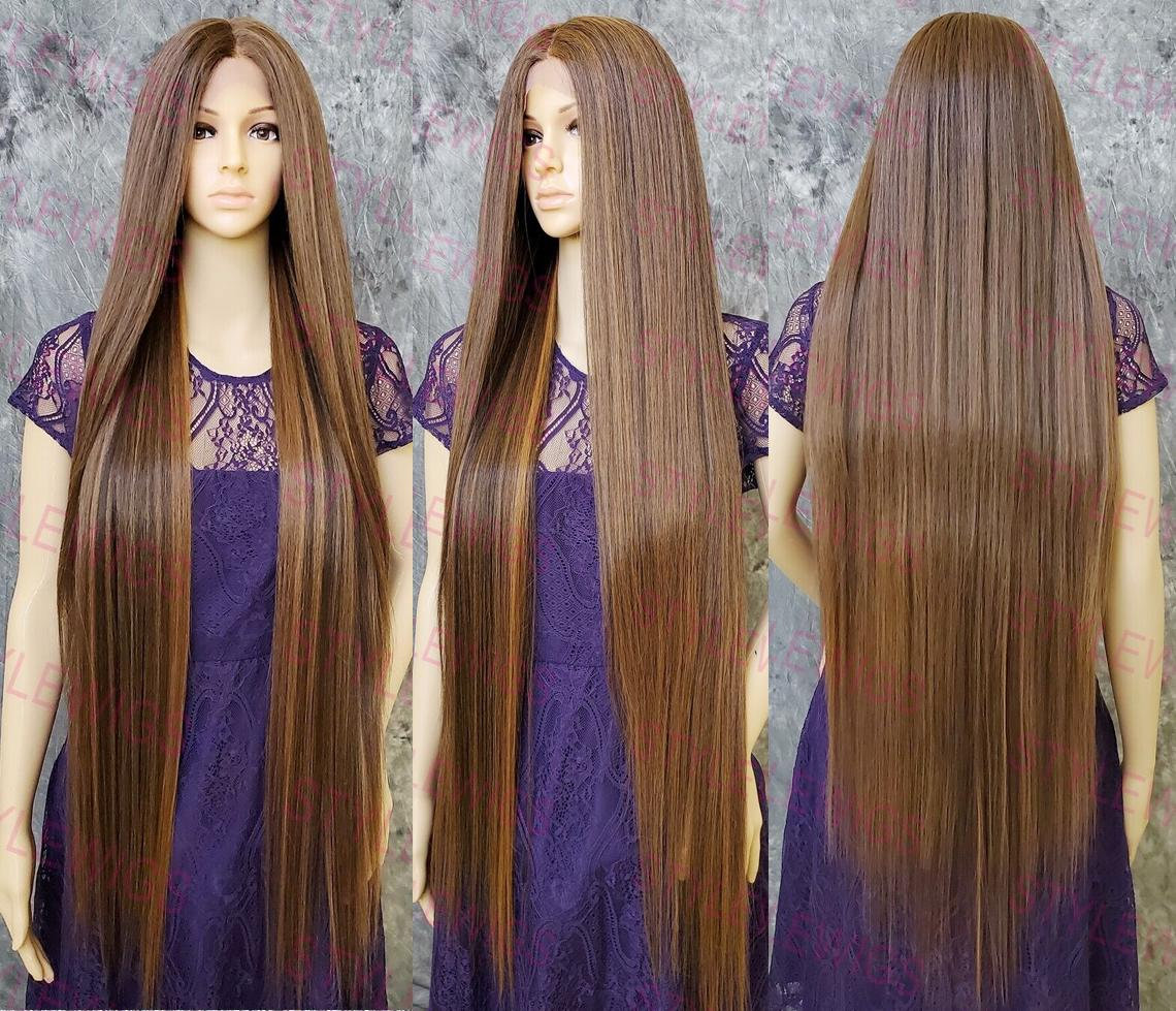 45 Human Hair Blend Lace Front Wig Hand Tied Center Part Straight Heat Safe Brown Mixed Cancer/Alopecia/Cosplay/Anime/Emo