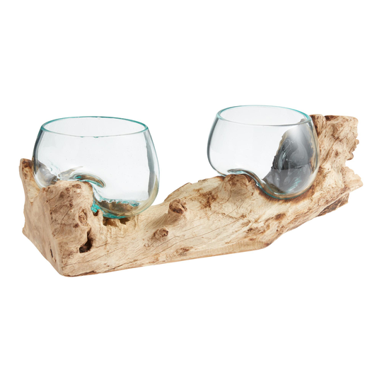 Natural Driftwood and Blown Glass Double Bowl Decor: Brown by World Market