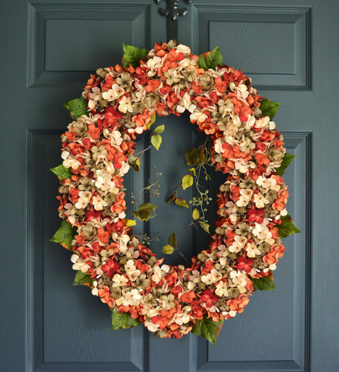 Oval Blended Hydrangea Wreath | Front Door Orange Autumn Fall Summer Housewarming Gift
