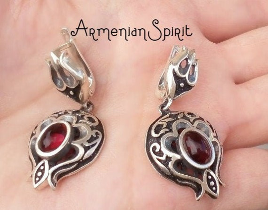 Earrings Pomegranate Garnet Armenian Jewelry Handmade Fall Sterling Silver 925 Garnet Pomegranates