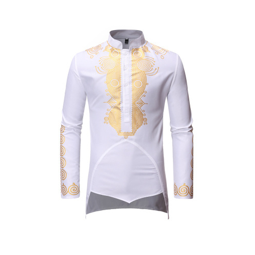 Men's Shirt Print Cotton Blended Bronzing Stand Collar Single Breasted Mid-Length Fit Casual Middle Eastern Style Shirt - white, xxl