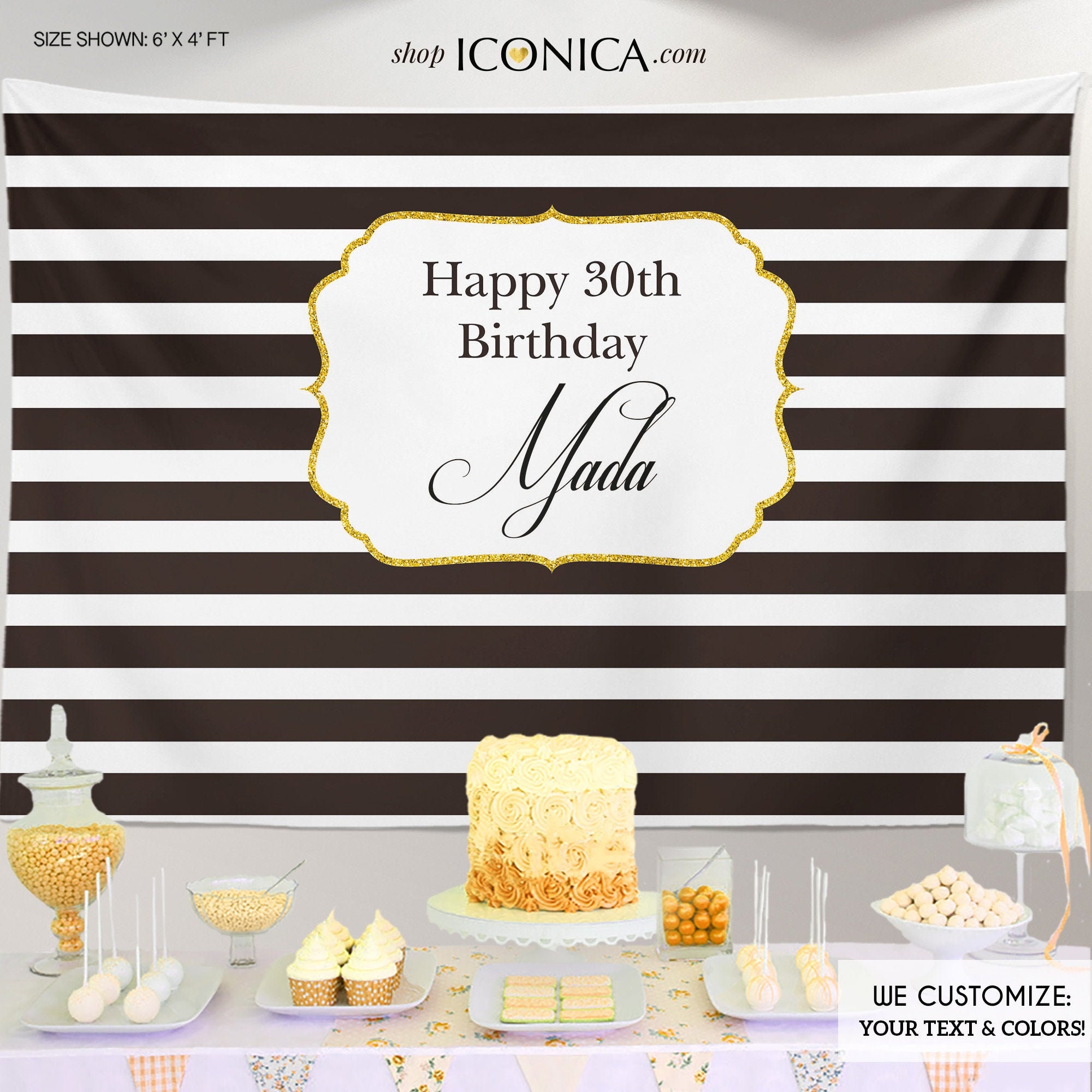 30Th Birthday Party Backdrop, Black & White Stripes Gold - Backdrop Any Age Or Event Printed Printable File Bbd0052