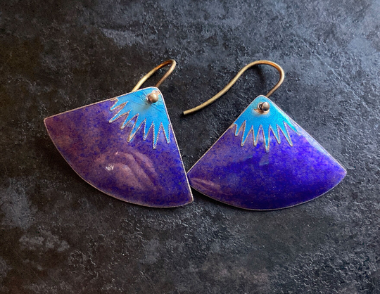 1970S Fan Shaped Earrings. Twisted Wire Cloisonne in Vermeil. Charmers Hand Made China
