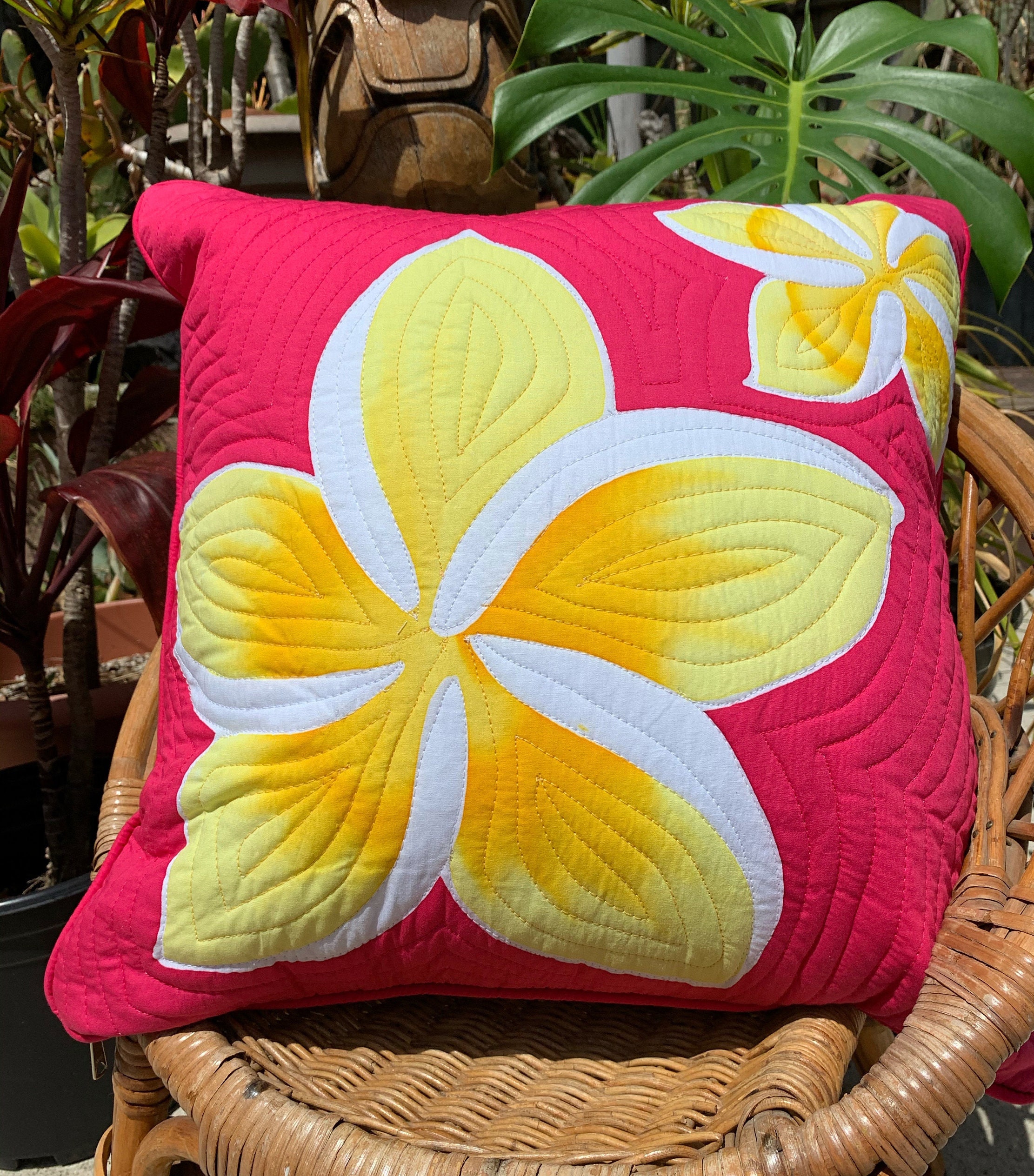 Plumeria Hawaiian Blended Yellow in Pink Cushion Cover Tiki Decor
