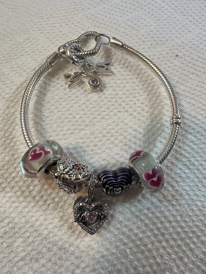 Pandora Bracelet, Heart Clasp, Sterling Silver, Six Mothers Day Charm Gift Set, Size 18cm