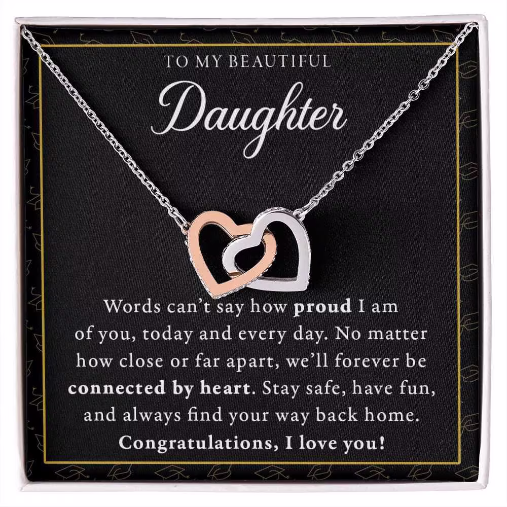 Graduation Gift For Daughter From Mom Or Dad, Double Interlocking Hearts Necklace With Thoughtful Card