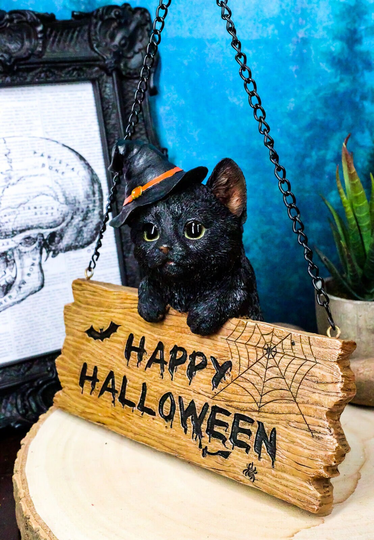 Halloween Black Cat With Witch Hat & Happy Sign Wall Ceiling Hanger Figurine