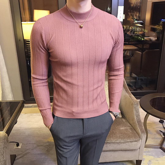 Autumn and Winter Mens Fashion Striped Boutique Wool Blend Casual Round Neck Knitted Sweaters / Mens Slim Warm Sweater - pink, 4xl (eur xl)
