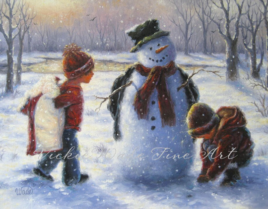 Snowman & Children Art Print Snowman Painting, Children & Two Kids, Brother Sister Winter Snow Wall Decor, Vickie Wade