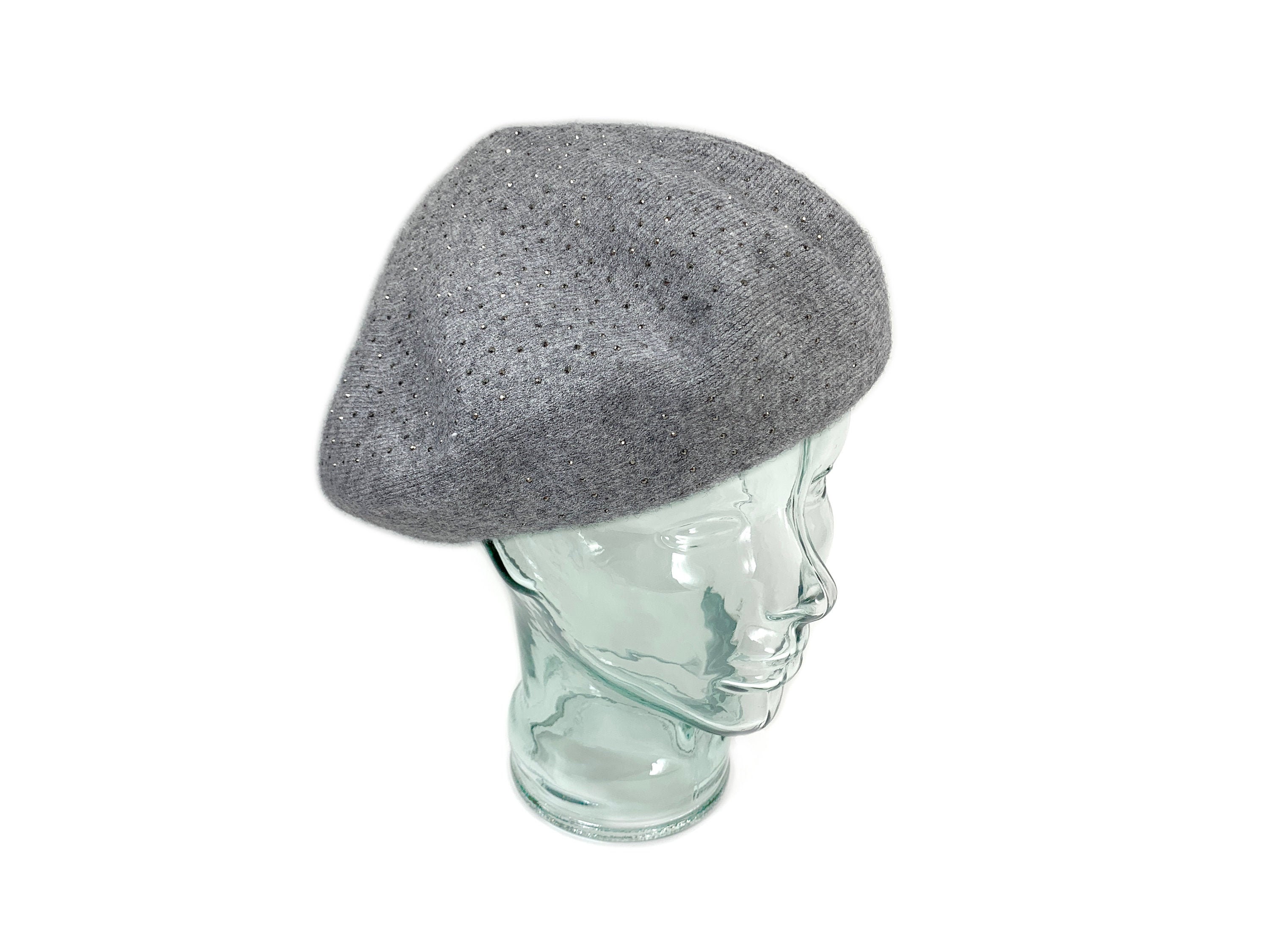 Gray Knit Beret, Cashmere Blend Beret With Sparkle, Reversible Soft Wool Beret, Retro Style Grey Winter Hat For Women