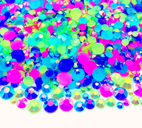 Neon Twister Blend Rhinestone Mix 3/4/5/6mm Flatback Jelly Resin Rhinestones Mixed Size, Blue | Green Pink Purple