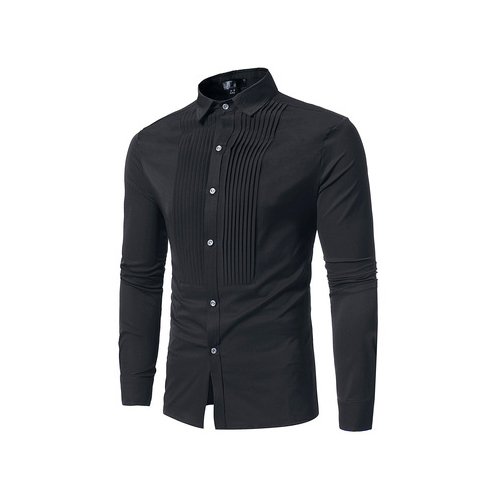 Men's Shirt Long-Sleeved Cotton Blended Single Breasted Turn Down Collar Solid Color Front Pleated Design Shirt Fit Men's Shirt - black, s