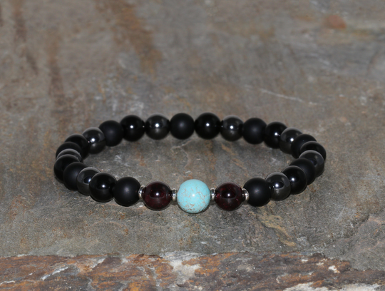 Matte Black Onyx, Brazilian Garnet & Hematite Beaded Bracelet 8mm Beads, 9mm Hubei Turquoise Guru Bead, Gemstone Bracelet, Unisex