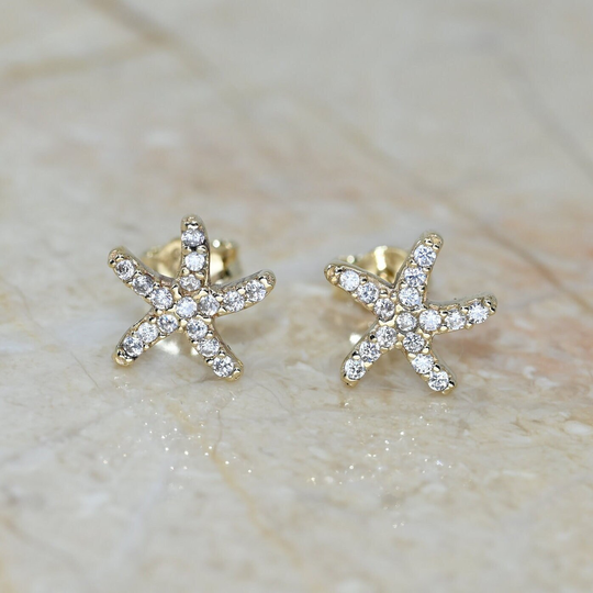 14K Solid Gold Dainty Starfish Earrings/Real Gemstone For Her Handmade Fine Jewelry By Selanica