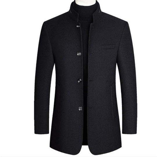 Men's Gentle Band Collar Single Breasted Blend Pea Coat - Black, S