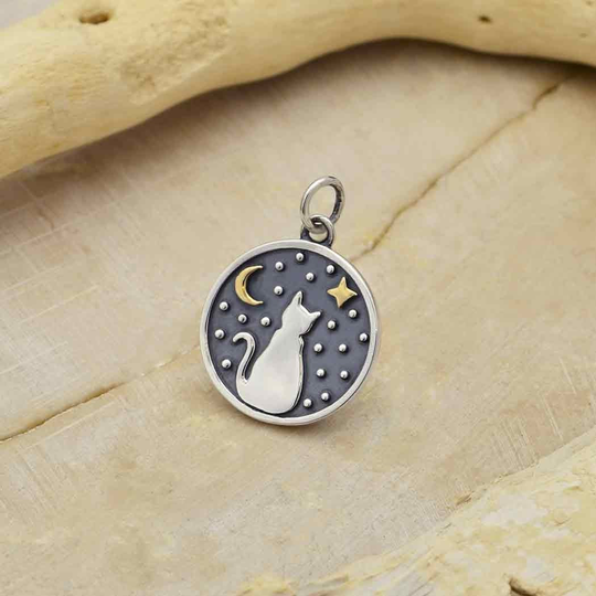 Cat Charm. Sterling Silver Mini & Moon Pendant. 15mm Round Charm With Bronze Moon. Gift For Her