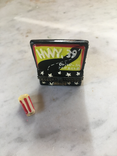 Vintage Ceramic Pill Box Of A Drive-In Movie With Popcorn Inside & Car Parked License Plate That Says "Too Late"