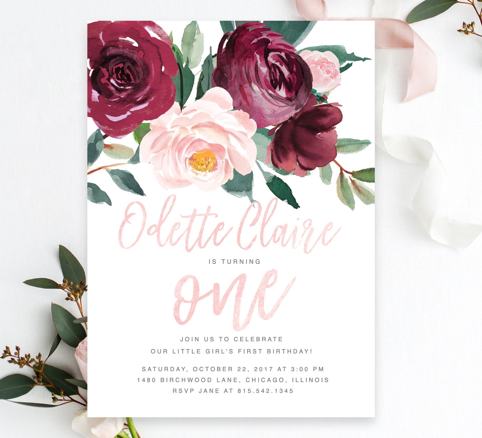 Girl First Birthday Invitation Girl's Invite, One, 1st Invitation, Floral Burgundy & Blush Pink, Greenery, Pi-O, Odette
