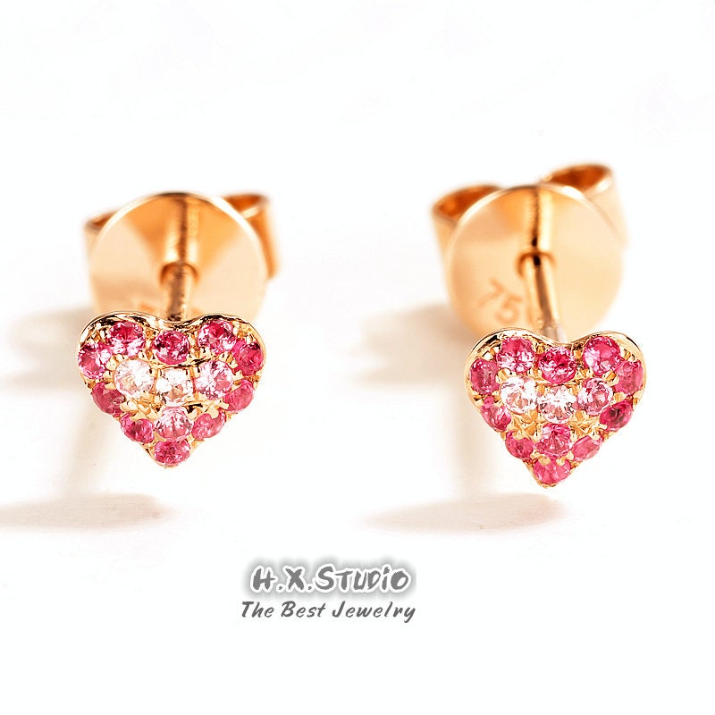 Dainty Heart Stud Earrings, Pink Sapphire, Diamond, Solid 18K Gold, Gift Idea, For Her, Anniversary, Girls & Women