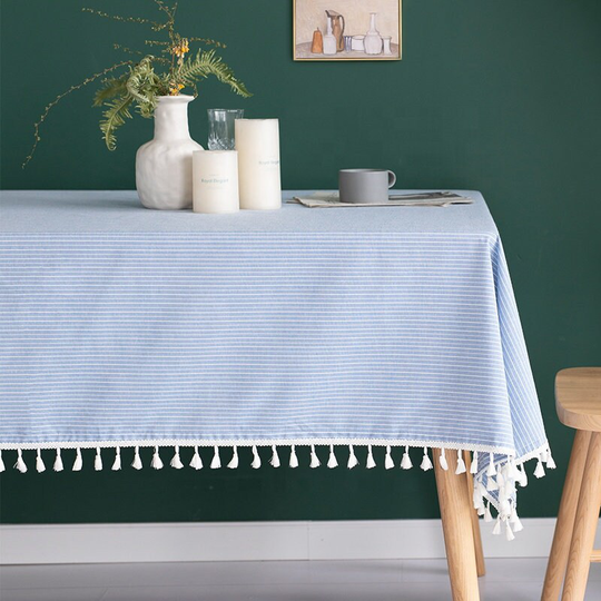Blue & White Striped Cotton Blend Tablecloth With Tassels, Modern Tasseled Dining Tabletop For Everyday Use, Home Decor, 2 Sizes