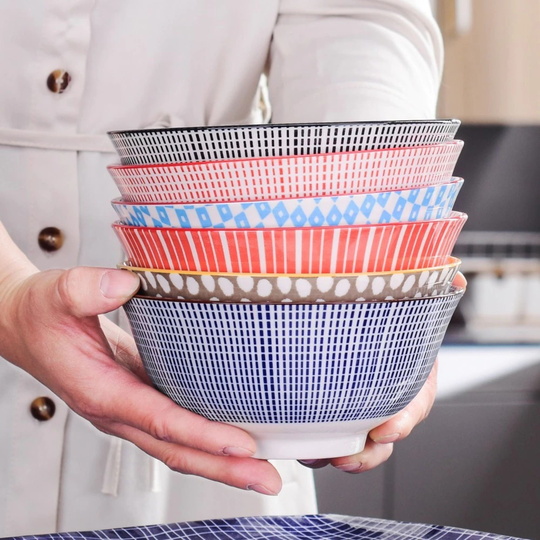 6Pcs Multicolor Large Ceramic Bowls, Set Of Cereal Soup Ramen Noodle Fruit Salad Bowls 25 Oz | 75 Cl