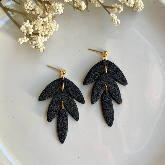 Black Dangling Leaf Clay Earrings | Textured Handmade Boho Statement Lightweight Polymer
