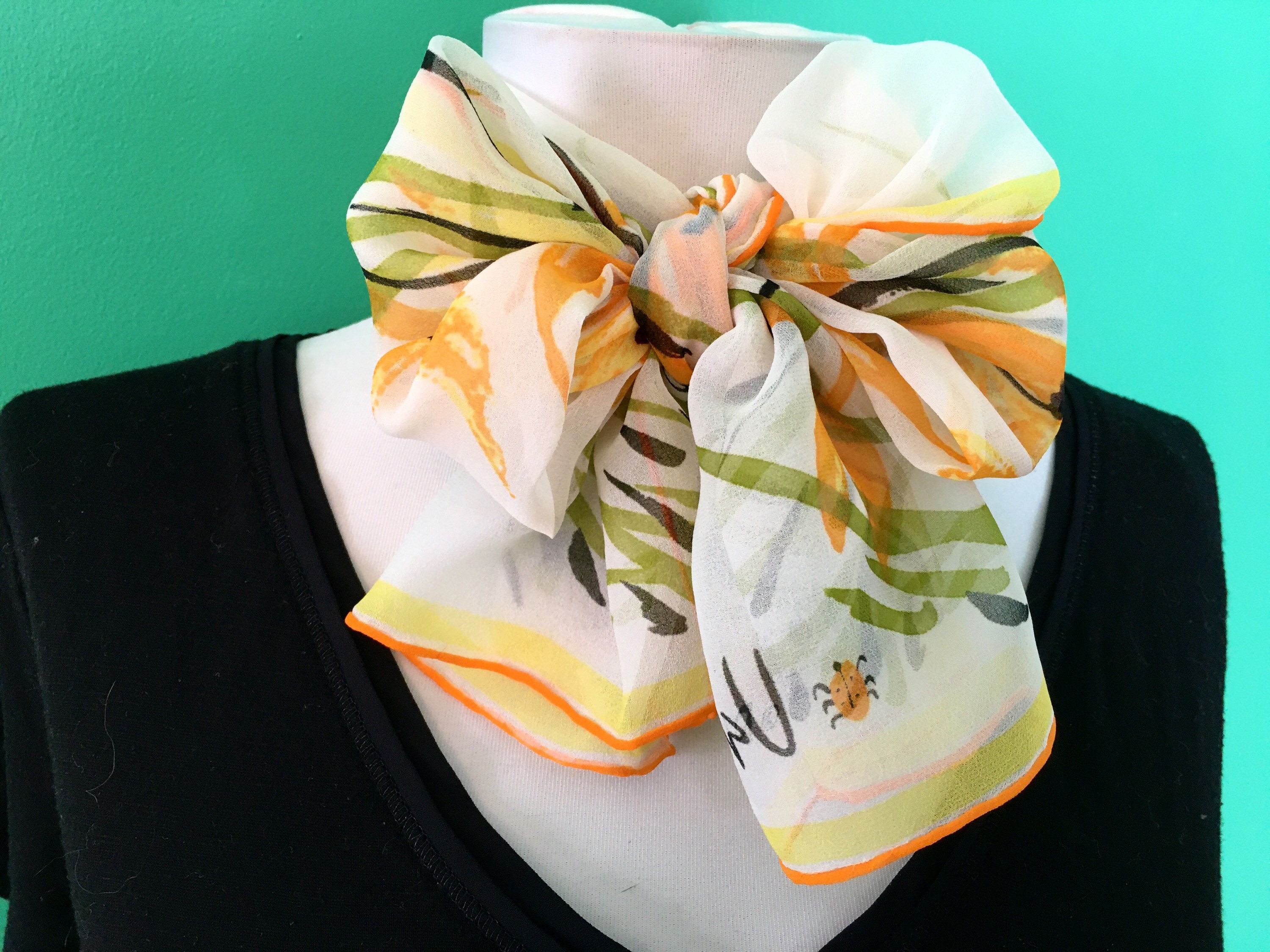 Vera Silk Blend Sheer Wild Flower Design Vintage Long Print Scarf Made in Japan Ladybug Logo