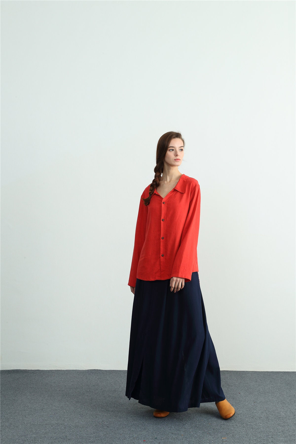 Linen Shirt Women Long Sleeve Blouse Tops Plus Size Top Summer Oversized Linen Button Clothing E02